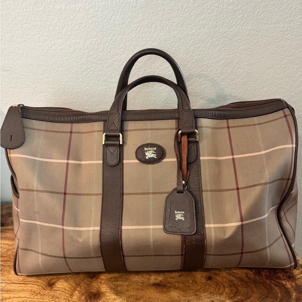 Burberry Brown Plaid Duffel with Dark Leather Trim